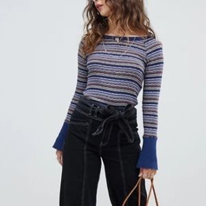 Free People Donna Striped Rib-Knit Tee Sz XS
